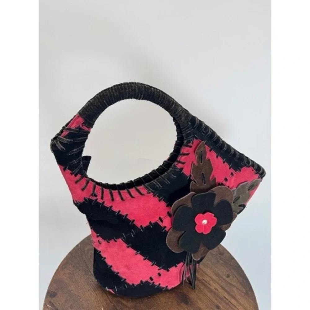 Vintage Red Black Patchwork Suede Floral Whipstitch Hobo Bag Boho Y2K Statement